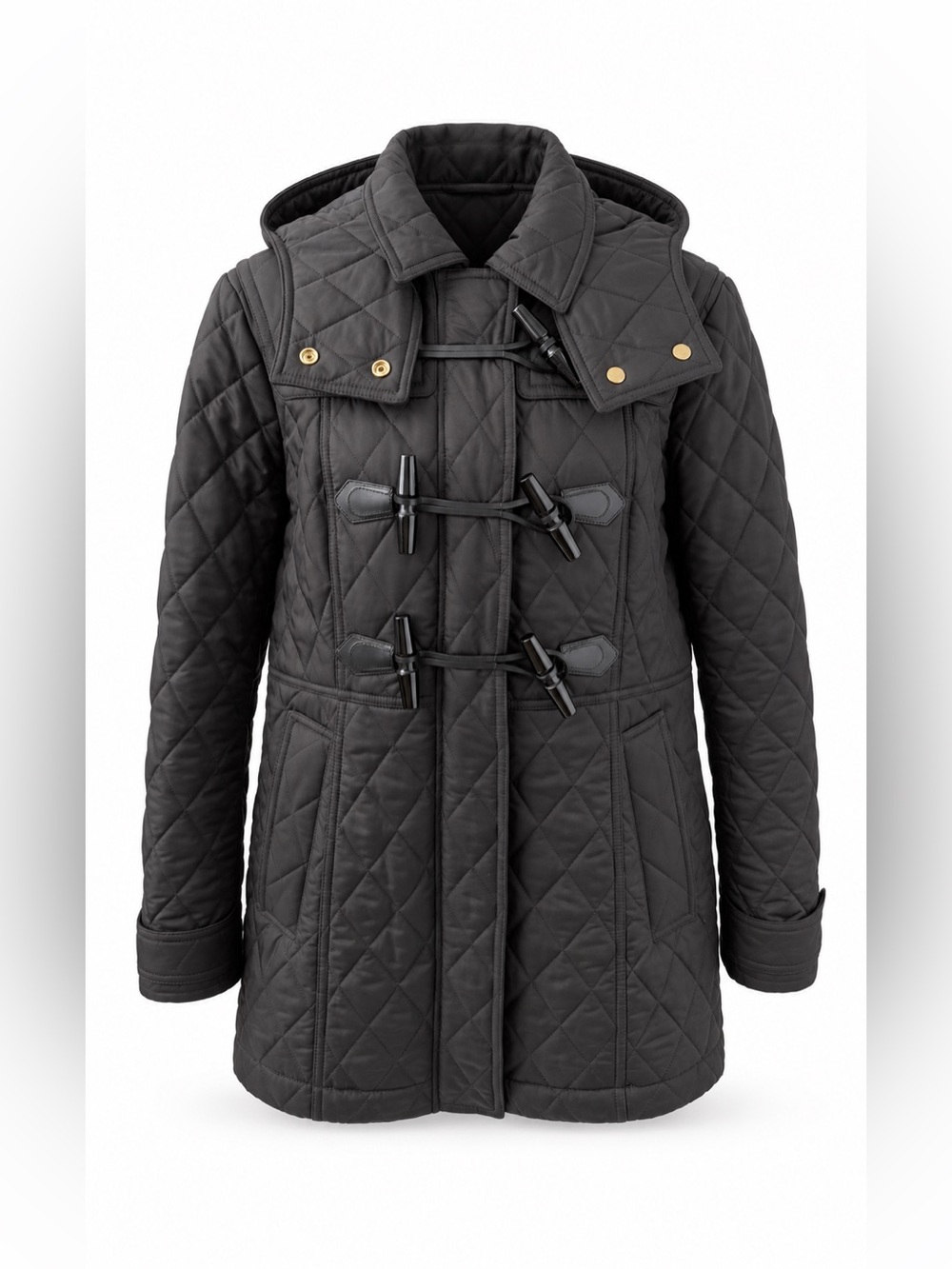 BURBERRY BRIT | Diamond Quilted Toggle Duffle Coat Black Removable Hood XL